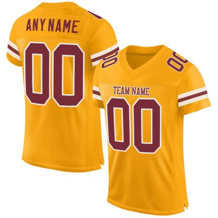 Custom Name Number Mesh Football Jersey - Personalized Gold Burgundy White Authentic Team Jersey Personalized Gold Burgundy-White