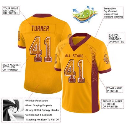 Custom Name Number Fashion Football Jersey - Personalized Gold Burgundy-White Mesh Design Personalized Gold Burgundy-White