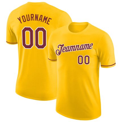 Custom Team Name and Number Performance T-Shirt - Personalized Burgundy and White Gold Design Personalized Gold Burgundy-White