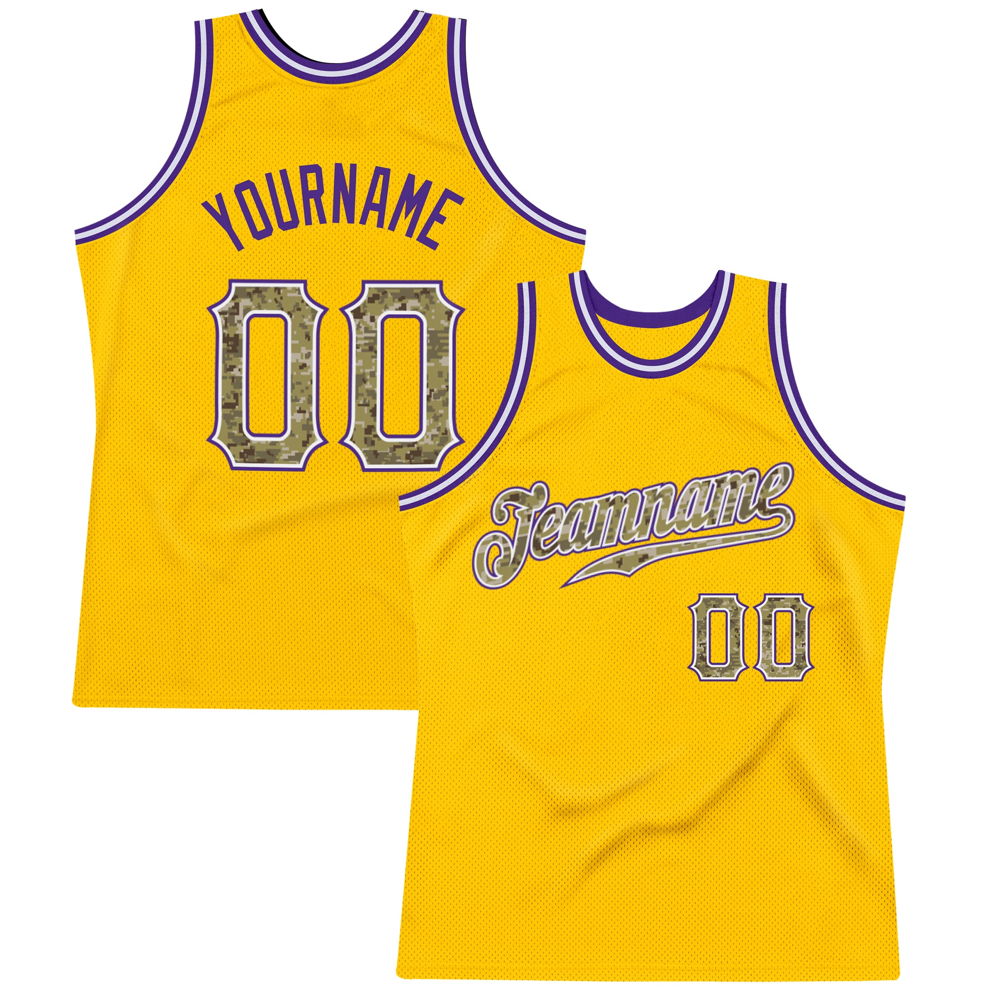 Custom Name and Number Personalized Gold Camo-Purple Basketball Jersey - Authentic Throwback Design Personalized Gold Camo-Purple