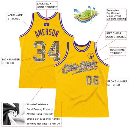 Custom Name and Number Personalized Gold Camo-Purple Basketball Jersey - Authentic Throwback Design Personalized Gold Camo-Purple