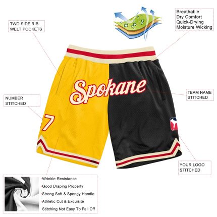 Custom Name Number Personalized Basketball Shorts Gold Black Fashion Throwback Split Team Authentic Personalized Gold Cream-Black
