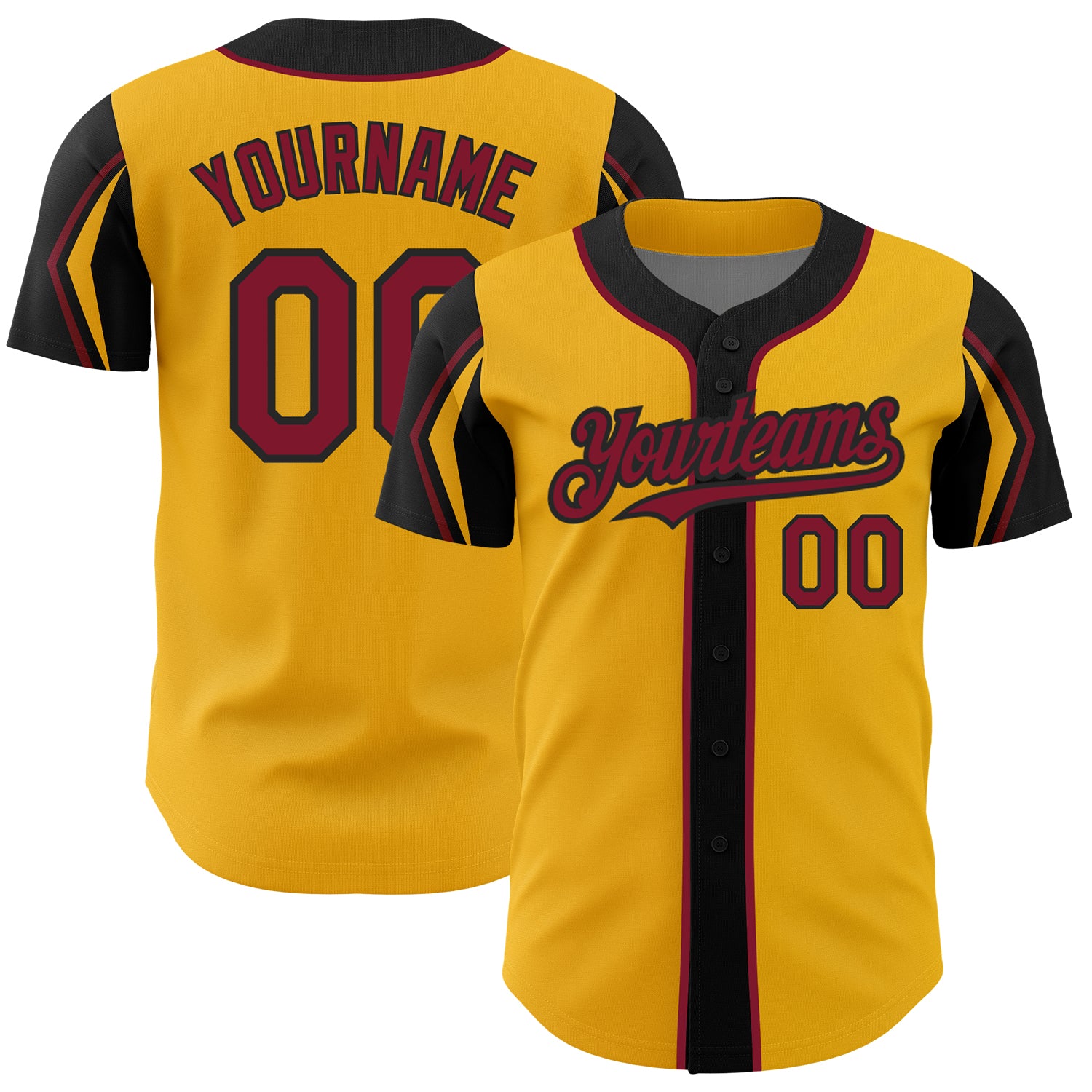 Custom Name & Number Authentic Baseball Jersey in Gold, Crimson, Black - Personalized Arm Shapes Design Personalized Gold