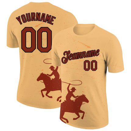 Custom Name and Number Cowboy Rodeo T-Shirt in Personalized Gold Crimson-Black 3D Pattern Design Personalized Gold Crimson-Black