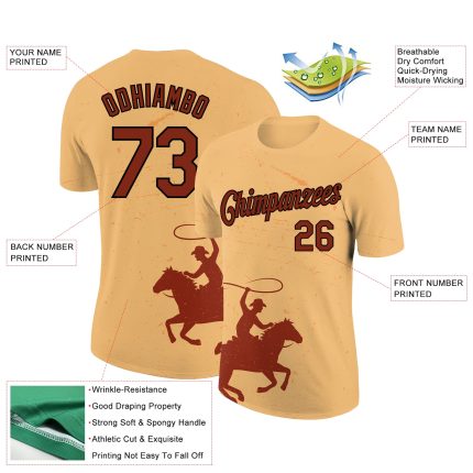 Custom Name and Number Cowboy Rodeo T-Shirt in Personalized Gold Crimson-Black 3D Pattern Design Personalized Gold Crimson-Black