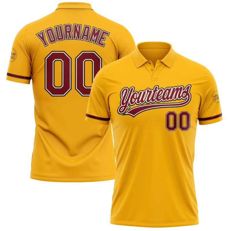 Custom Team Name Number Gold Crimson Black Golf Polo Shirt - Performance Vapor Personalized Gold Crimson Cream-Black Performance