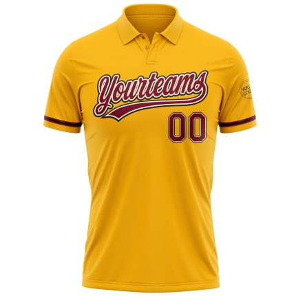 Custom Team Name Number Gold Crimson Black Golf Polo Shirt - Performance Vapor Personalized Gold Crimson Cream-Black Performance