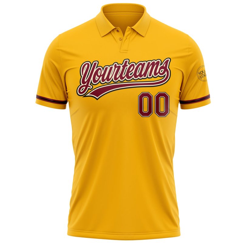 Custom Team Name Number Gold Crimson Black Golf Polo Shirt - Performance Vapor Personalized Gold Crimson Cream-Black Performance