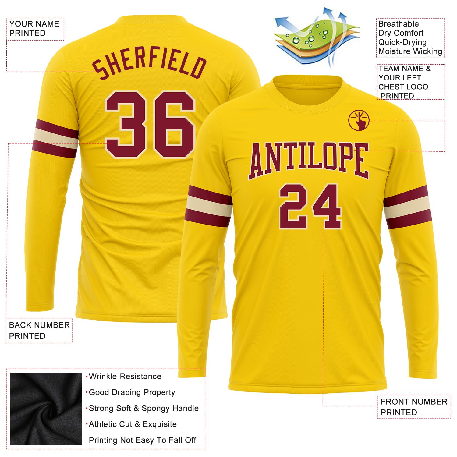 Personalized Gold Crimson-Cream Long Sleeve Performance T-Shirt Team Custom Name and Number Custom Name and Number Personalized Gold Crimson-Cream Long Sleeve Performance T-Shirt Personalized Gold Crimson-Cream Long - Image 3