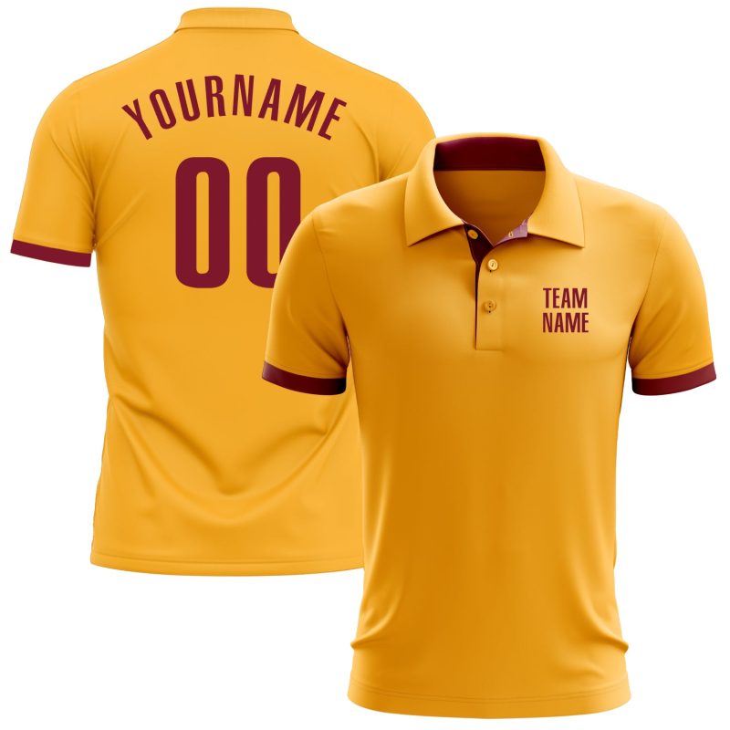 Custom Name and Number Personalized Gold Crimson Golf Polo Shirt - Performance Team Apparel Personalized Gold Crimson Performance