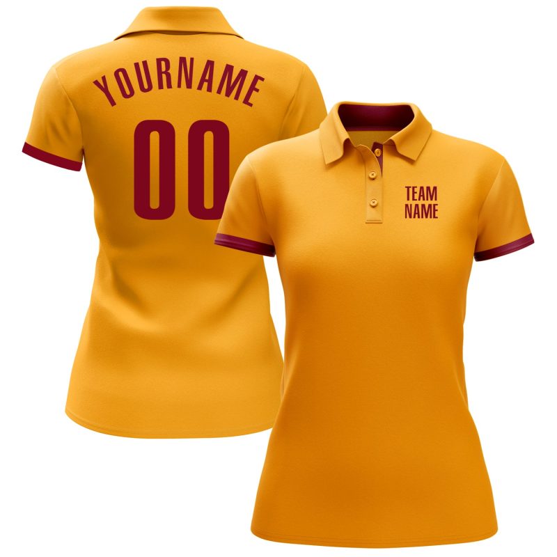 Custom Name and Number Personalized Gold Crimson Golf Polo Shirt - Performance Team Apparel Personalized Gold Crimson Performance