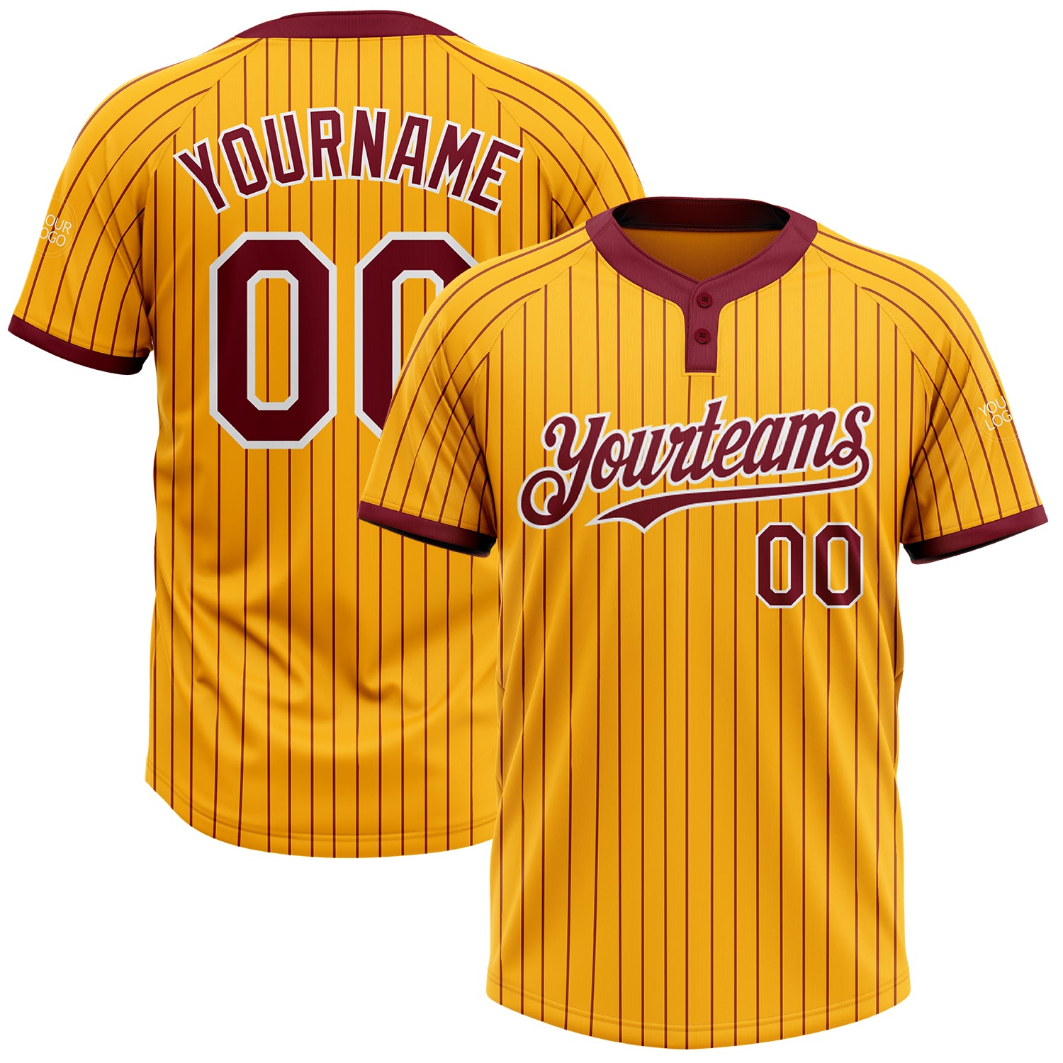 Custom Name and Number Unisex Two-Button Softball Jersey - Personalized Gold Crimson Pinstripe Design Personalized Gold Crimson