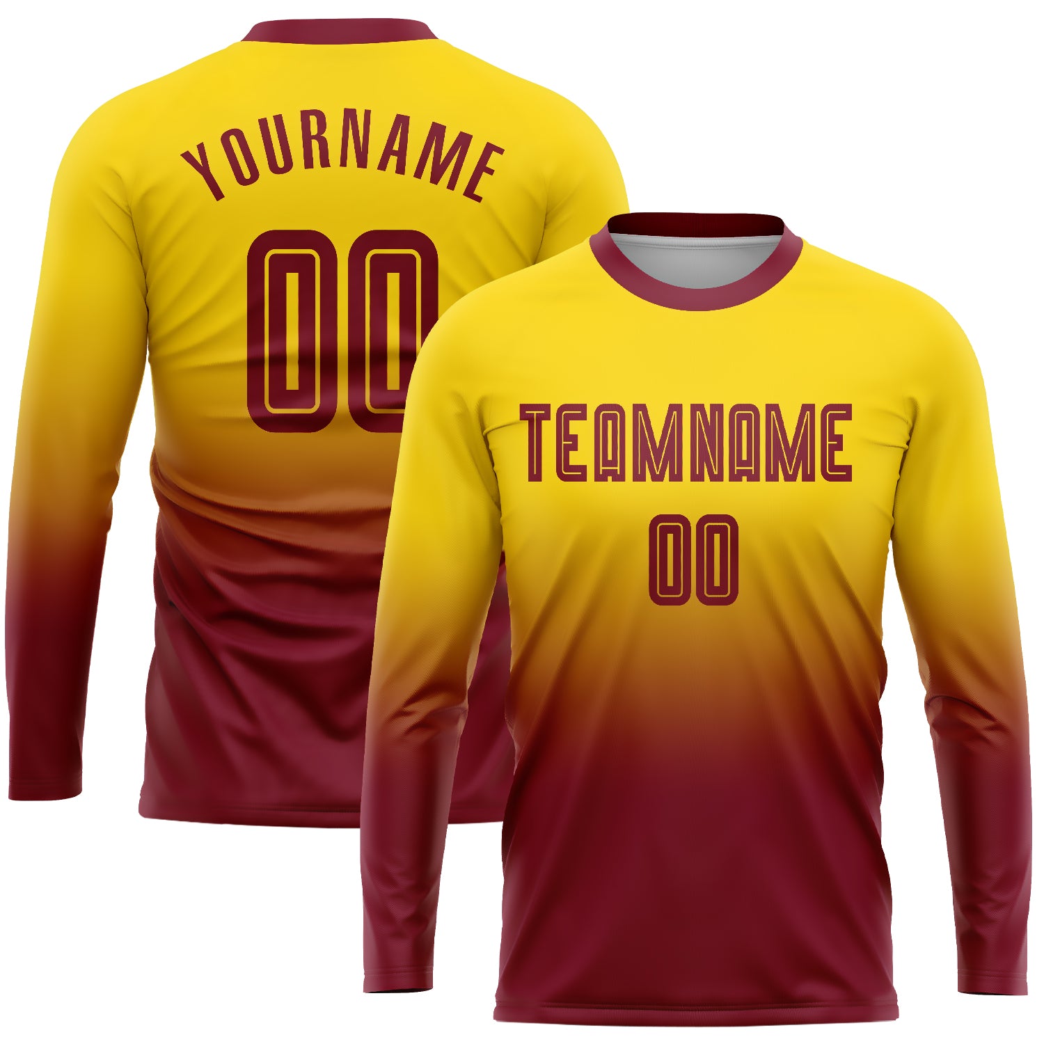 Personalized Gold Crimson Soccer Jersey with Custom Name & Number - Fade Long Sleeve Fashion Team Uniform Personalized Gold