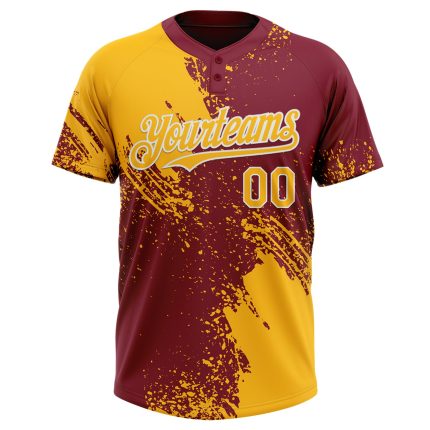 Custom Name & Number 3D Pattern Softball Jersey - Personalized Gold Crimson-White Two-Button Unisex Design Personalized Gold