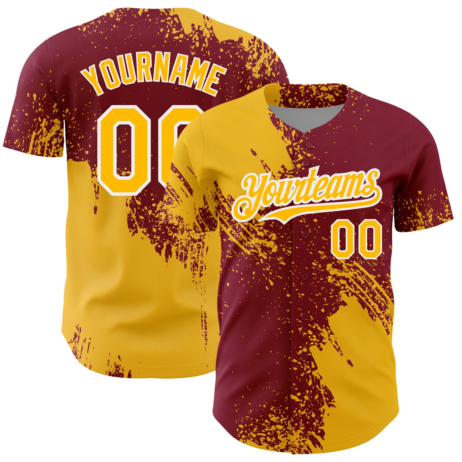 Custom Name and Number Personalized Gold Crimson White 3D Pattern Baseball Jersey Abstract Brush Stroke Design Personalized