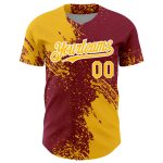 Custom Name and Number Personalized Gold Crimson White 3D Pattern Baseball Jersey Abstract Brush Stroke Design Personalized