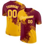 Custom Name and Number Performance T-Shirt - Personalized Gold Crimson-White Abstract Brush Stroke 3D Pattern Design Personalized