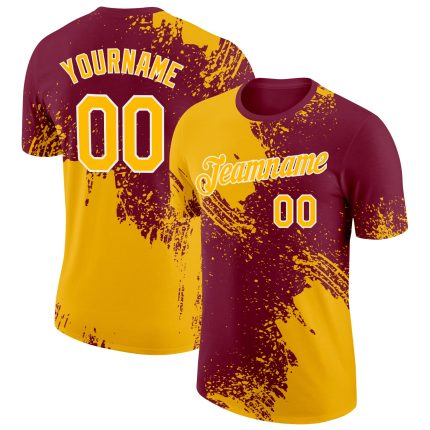 Custom Name and Number Performance T-Shirt - Personalized Gold Crimson-White Abstract Brush Stroke 3D Pattern Design Personalized