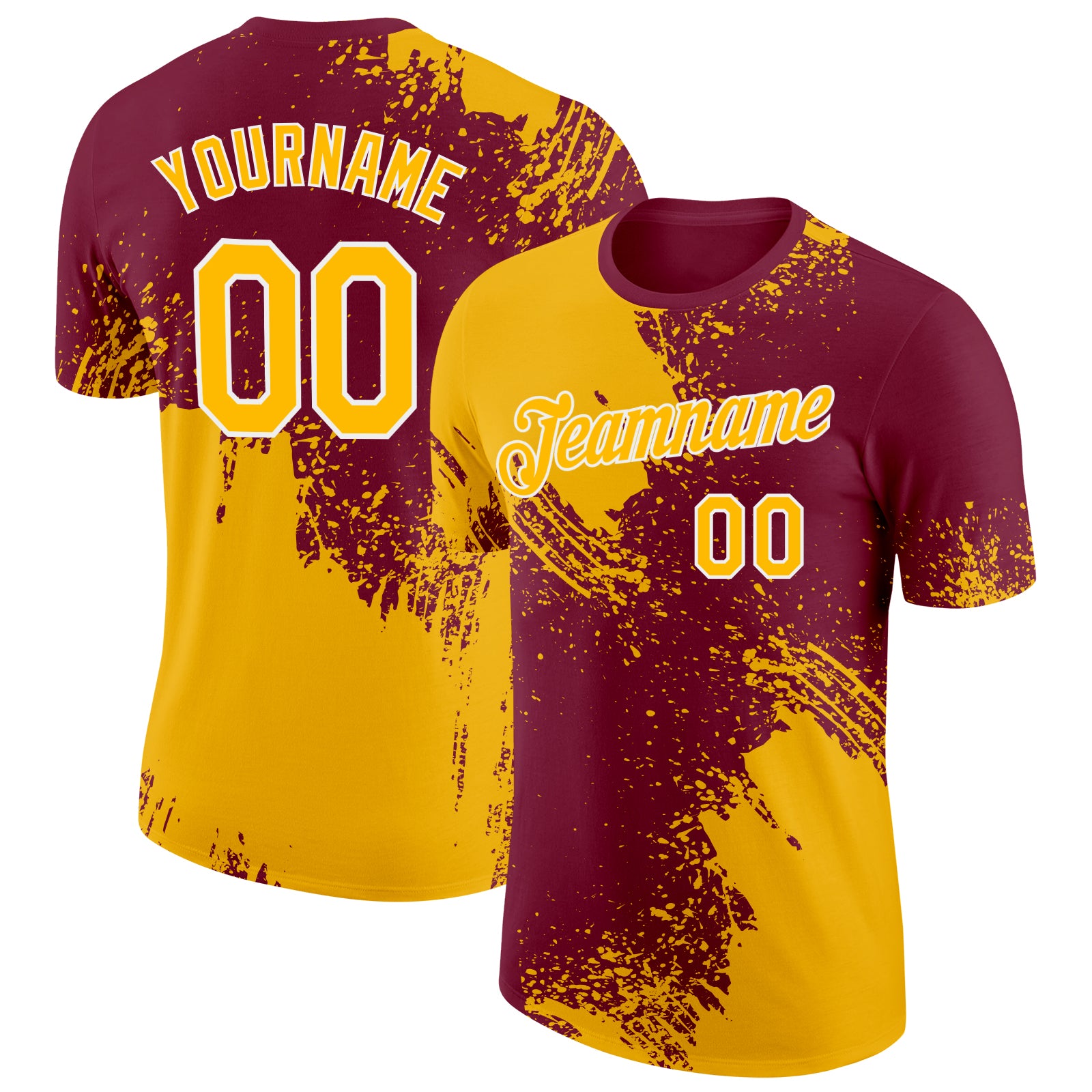 Custom Name and Number Performance T-Shirt - Personalized Gold Crimson-White Abstract Brush Stroke 3D Pattern Design Personalized