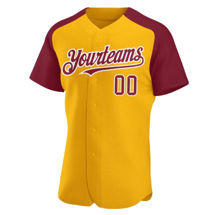 Custom Name and Number Personalized Gold Crimson-White Baseball Jersey with Raglan Sleeves Personalized Gold Crimson-White