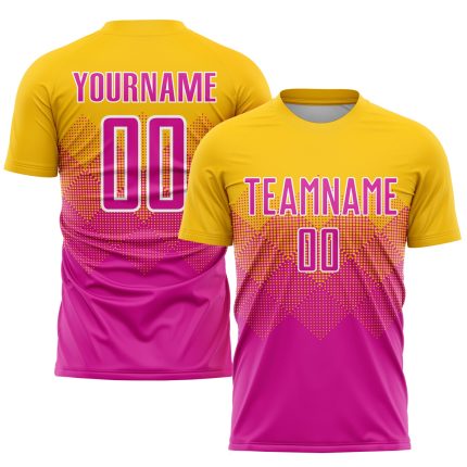 Custom Name and Number Soccer Uniform Jersey in Personalized Gold Deep Pink-White Design Personalized Gold Deep Pink-White
