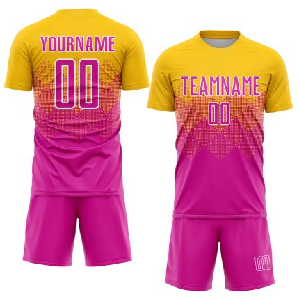 Custom Name and Number Soccer Uniform Jersey in Personalized Gold Deep Pink-White Design Personalized Gold Deep Pink-White