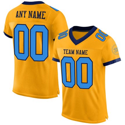Custom Personalized Gold Electric Blue Navy Football Jersey with Name & Number Personalized Gold Electric Blue-Navy Mesh