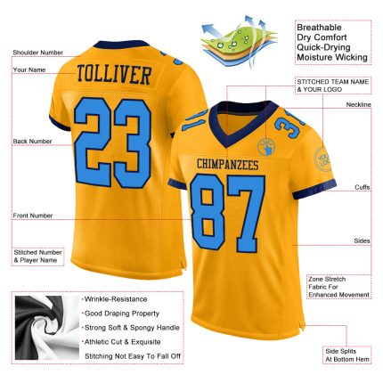 Custom Personalized Gold Electric Blue Navy Football Jersey with Name & Number Personalized Gold Electric Blue-Navy Mesh