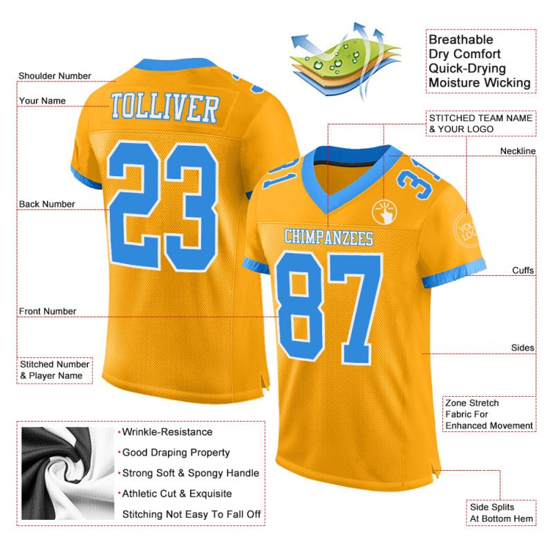 Custom Name Number Personalized Football Jersey, Authentic Mesh in Gold Electric Blue-White Personalized Gold Electric Blue-White