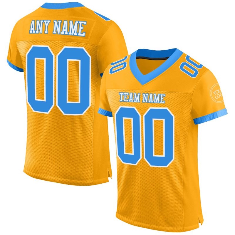 Custom Name Number Personalized Football Jersey, Authentic Mesh in Gold Electric Blue-White Personalized Gold Electric Blue-White