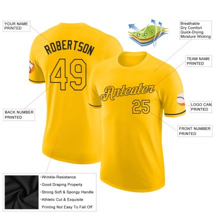 Custom Team Name and Number Gold-Black Performance T-Shirt - Personalized Gold Sports Tee Personalized Gold Gold-Black Performance