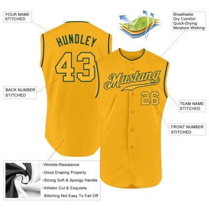 Custom Gold-Green Sleeveless Baseball Jersey with Personal Name & Number - Authentic Team Apparel Personalized Gold Gold-Green