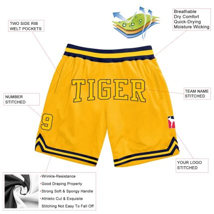 Custom Name and Number Personalized Gold-Navy Throwback Basketball Shorts - Authentic Team Gear Personalized Gold Gold-Navy