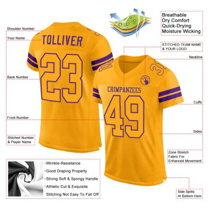 Custom Gold Purple Mesh Authentic Football Jersey with Personalized Name & Number Personalized Gold Gold-Purple Mesh Authentic