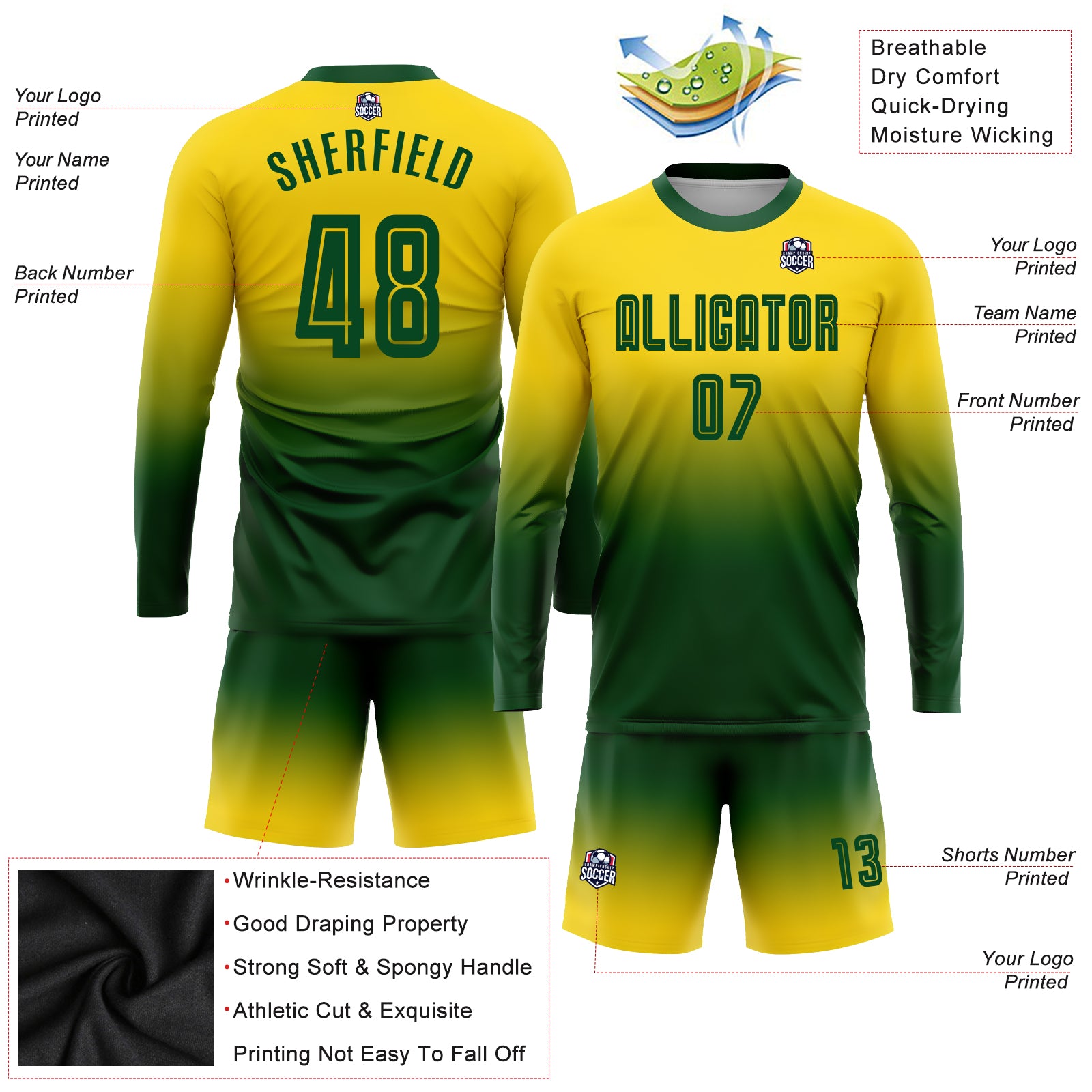 Personalized Gold Green Sublimation Long Sleeve Fade Fashion Soccer Uniform Jersey Team Custom Name and Number Custom Name Number Soccer Jersey Long Sleeve Fashion Sublimation Gold Green Fade Team Uniform Personalized Gold Green Sublimation - Image 3