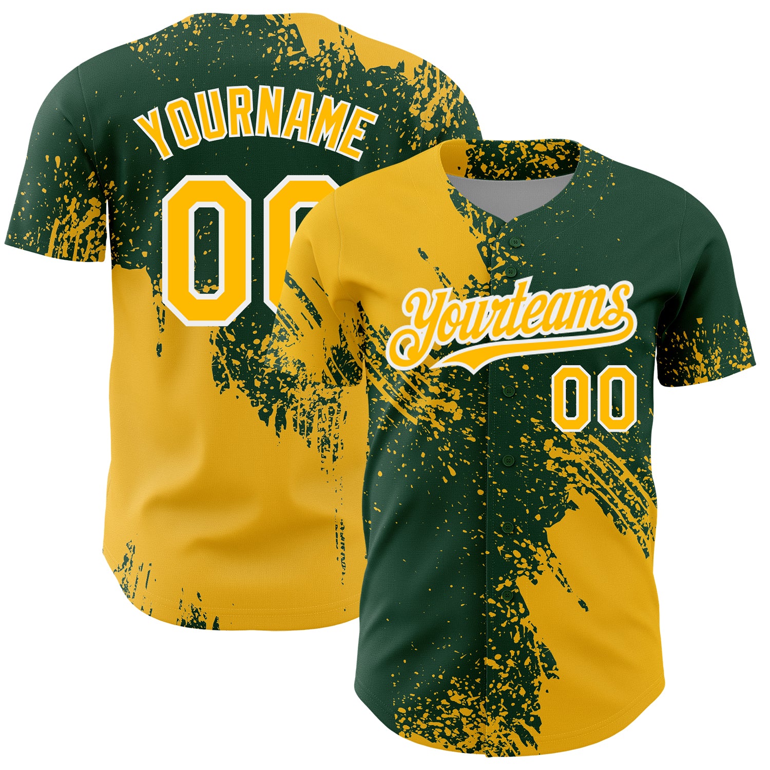 Custom Name and Number Personalized Gold Green White 3D Pattern Abstract Brush Stroke Baseball Jersey Authentic Design Personalized