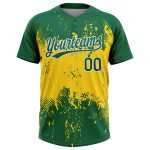 Custom Unisex Softball Jersey with Name and Number - Personalized Gold Green-White 3D Pattern, Two-Button Style Personalized