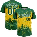 Custom Unisex Softball Jersey with Name and Number - Personalized Gold Green-White 3D Pattern, Two-Button Style Personalized