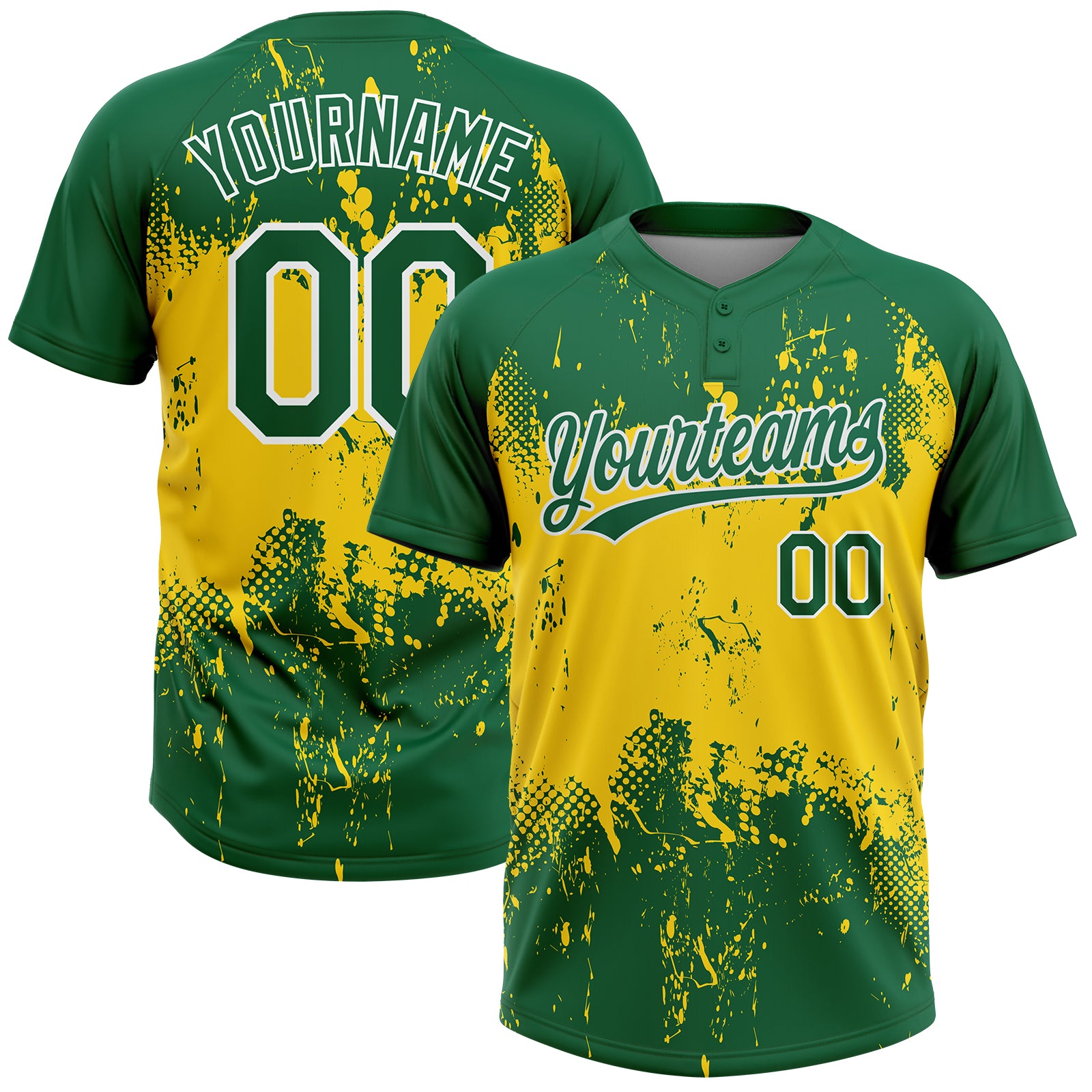 Custom Unisex Softball Jersey with Name and Number - Personalized Gold Green-White 3D Pattern, Two-Button Style Personalized