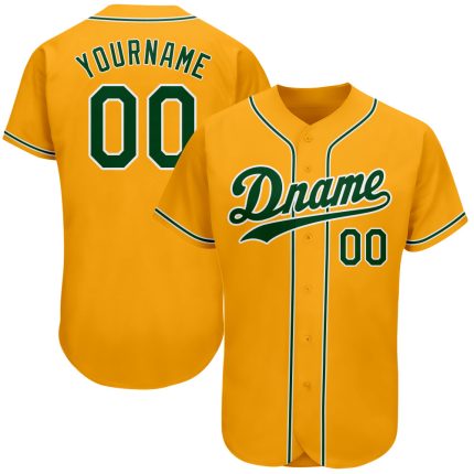 Personalized Authentic Baseball Jersey in Gold Green-White Design Personalized Gold Green-White Authentic Baseball Jersey