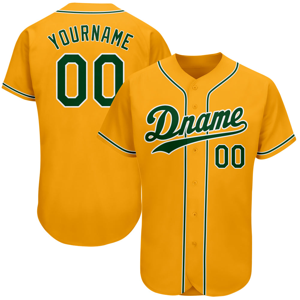 Personalized Authentic Baseball Jersey in Gold Green-White Design Personalized Gold Green-White Authentic Baseball Jersey