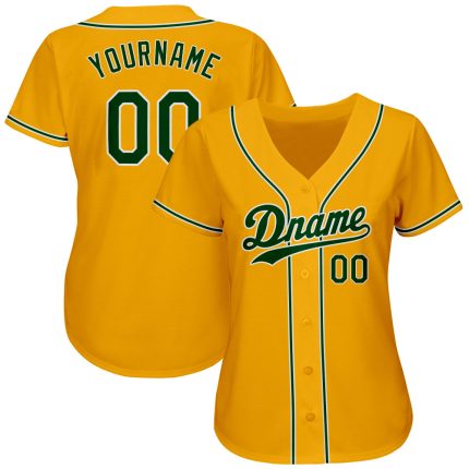 Personalized Authentic Baseball Jersey in Gold Green-White Design Personalized Gold Green-White Authentic Baseball Jersey
