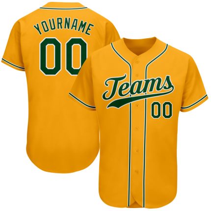 Custom Name and Number Authentic Baseball Jersey - Personalized Gold Green and White Team Jersey Personalized Gold Green-White