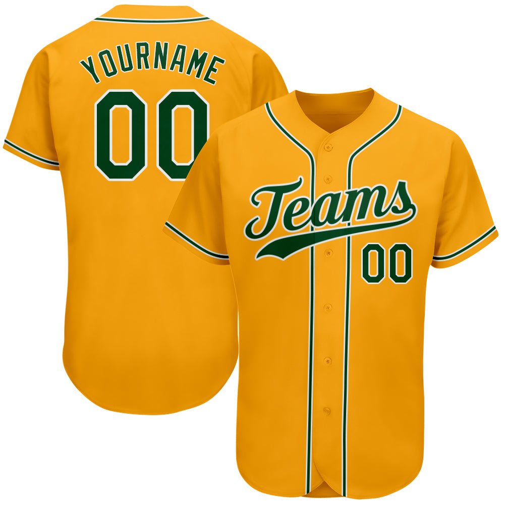 Custom Name and Number Authentic Baseball Jersey - Personalized Gold Green and White Team Jersey Personalized Gold Green-White