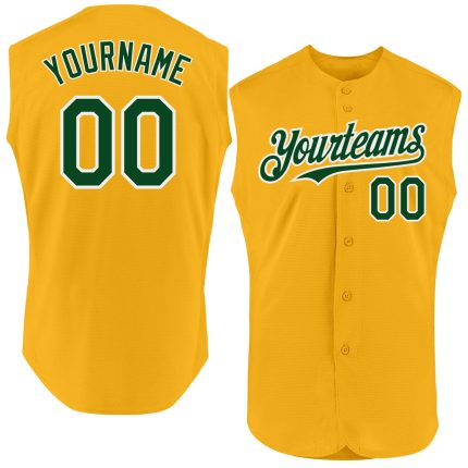 Personalized Gold Green White Baseball Jersey - Authentic Sleeveless Design Personalized Gold Green-White Authentic Sleeveless