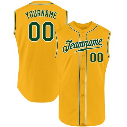 Custom Personalized Gold Green-White Baseball Jersey with Name & Number - Authentic Sleeveless Team Apparel Personalized