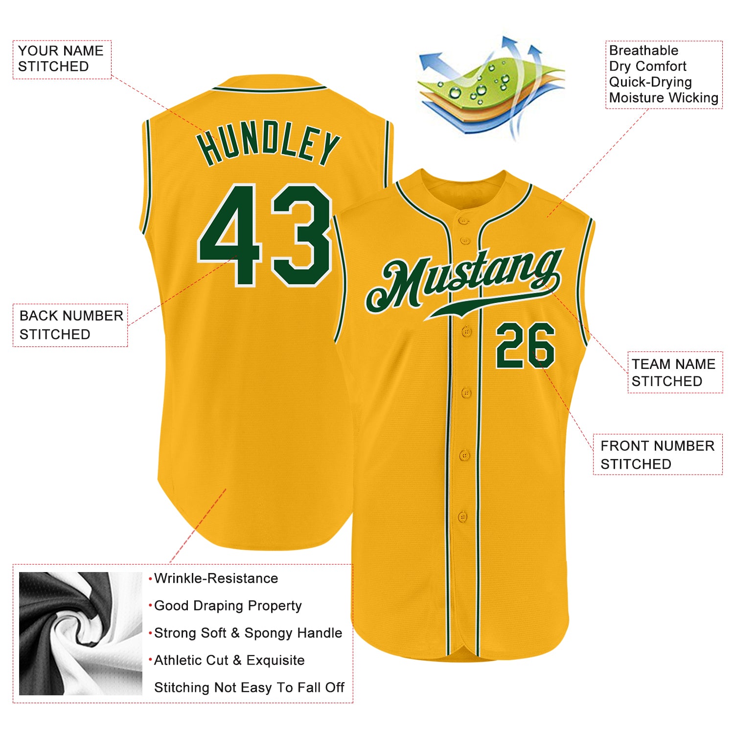 Personalized Gold Green-White Authentic Sleeveless Baseball Jersey Team Custom Name and Number Custom Personalized Gold Green-White Baseball Jersey with Name & Number - Authentic Sleeveless Team Apparel Personalized - Image 2