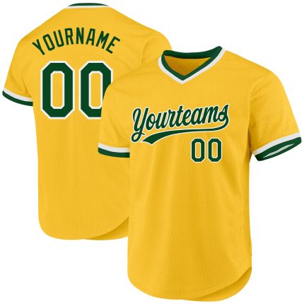 Custom Gold Green-White Authentic Baseball Jersey with Personalized Name & Number - Throwback Style Personalized Gold Green-White