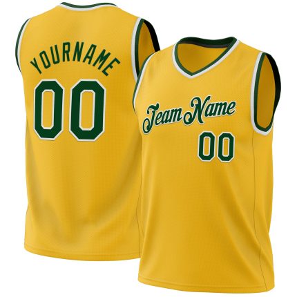 Personalized Gold Green White Basketball Jersey - Authentic Throwback Design Personalized Gold Green-White Authentic Throwback