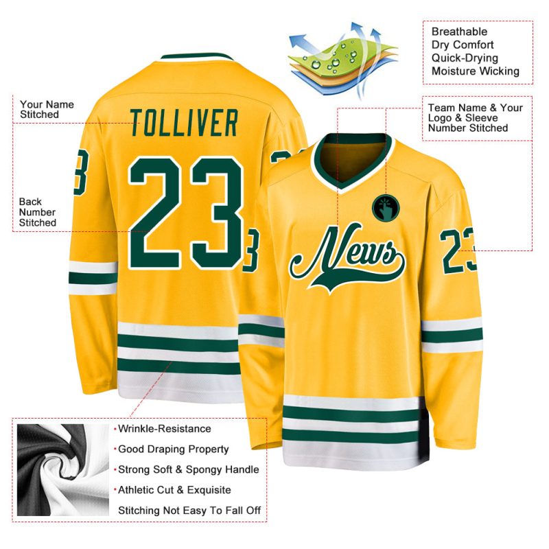 Custom Name and Number Gold Green-White Hockey Jersey - Personalized Team Gear Personalized Gold Green-White Hockey Jersey
